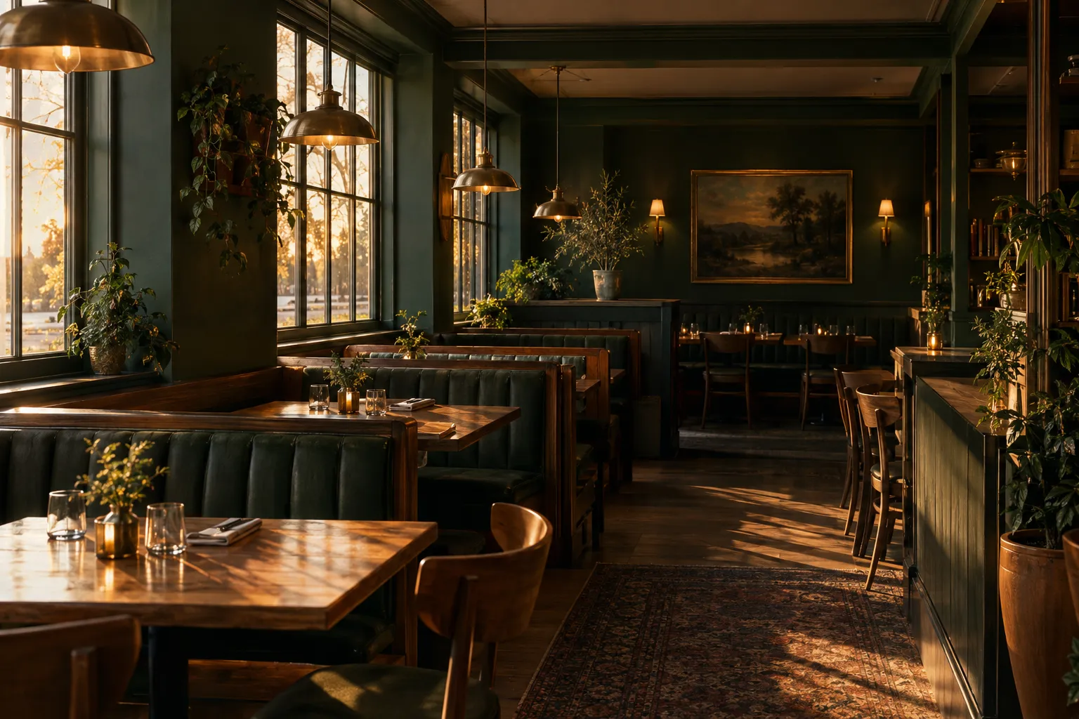 Illustrative warmly lit restaurant dining room